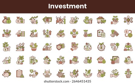 A vibrant collection of investment-themed icons featuring money bags, growth charts, and plants, symbolizing financial growth and sustainability in a modern design.