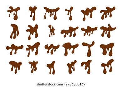 A vibrant collection of irregular brown liquid drip splatter shapes, resembling chocolate or caramel, on a clean white background, ideal for various foodrelated design projects.