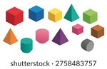 A vibrant collection of isometric 3D geometric shapes, including cubes, pyramids, and cylinders, rendered in various bright colors and arranged on a clean white background, ideal for educational or design projects.