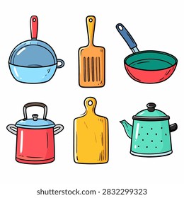 A vibrant collection of kitchen utensils and cookware including pots, pans, and cutting boards in bright colors, ideal for culinary themes.