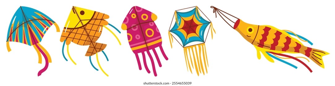A vibrant collection of kite designs. Perfect for festive celebrations and outdoor fun.