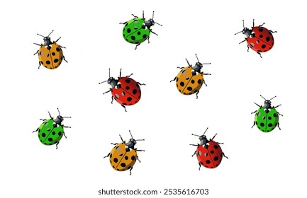 A vibrant collection of ladybug illustrations featuring various colors and designs. Perfect for nature-themed projects, educational materials, and playful designs, these ladybugs add a touch of whimsy