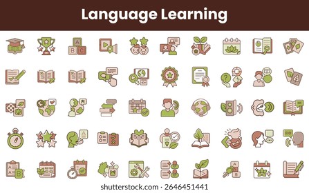 A vibrant collection of language learning icons, including books, awards, and communication symbols. Ideal for educational content and language study materials.