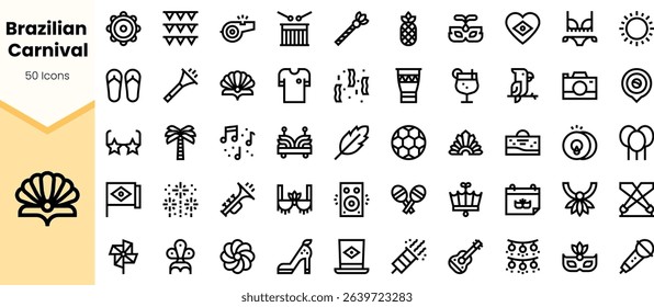 A vibrant collection of line icons celebrating the Brazilian Carnival, featuring elements like masks, drinks, and festive motifs in a fun, playful style.