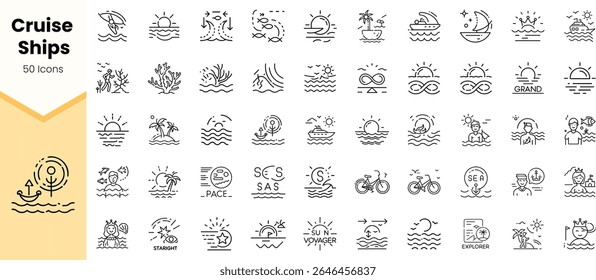 A vibrant collection of line icons representing cruise ships and ocean activities, showcasing various themes like adventure, relaxation, and exploration.