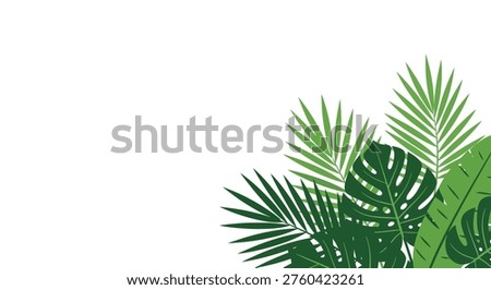 A vibrant collection of lush green tropical leaves, including monstera and palm fronds, artfully arranged in a corner, evoking a sense of nature's beauty and abundant growth