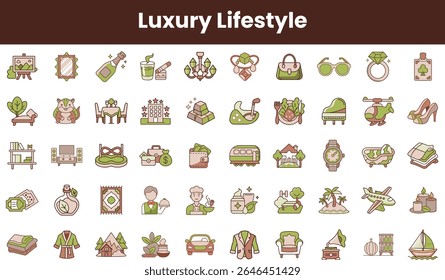 A vibrant collection of luxury lifestyle icons featuring stylish items and symbols, perfect for conveying elegance and sophistication in design.