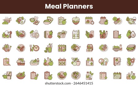 A vibrant collection of meal planner icons featuring healthy foods, cooking utensils, and nutritional elements, perfect for meal preparation and planning enthusiasts.