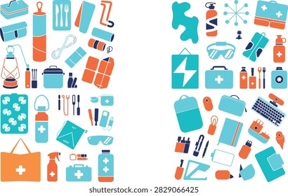 A vibrant collection of medical supplies and first aid tools such as tablets syringes bandages bottles protective goggles and safety gear arranged in a flat style