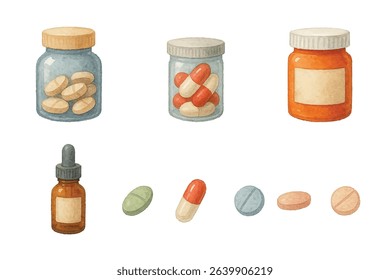 A vibrant collection of medicine bottles, pills, and blister packs in various shapes and colors. Ideal for healthcare, pharmacy, and pharmaceutical concepts, showcasing diverse medication options.
