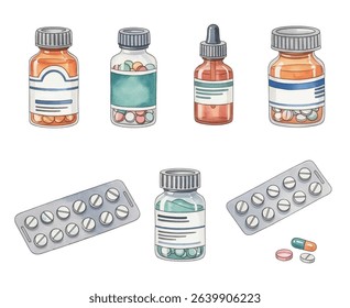 A vibrant collection of medicine bottles, pills, and blister packs in various shapes and colors. Ideal for healthcare, pharmacy, and pharmaceutical concepts, showcasing diverse medication options.