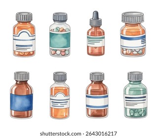 Uma coleção vibrante de garrafas de medicamentos, comprimidos e embalagens blister em várias formas e cores. Ideal para conceitos de saúde, farmácia e farmacêutica, apresentando diversas opções de medicamentos.