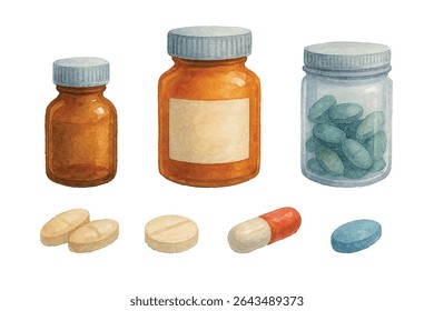 Uma coleção vibrante de garrafas de medicamentos, comprimidos e embalagens blister em várias formas e cores. Ideal para conceitos de saúde, farmácia e farmacêutica, apresentando diversas opções de medicamentos.