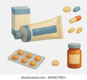 Uma coleção vibrante de garrafas de medicamentos, comprimidos e embalagens blister em várias formas e cores. Ideal para conceitos de saúde, farmácia e farmacêutica, apresentando diversas opções de medicamentos.
