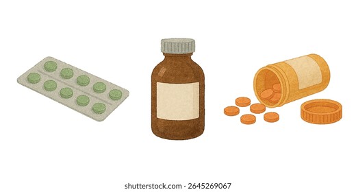 Uma coleção vibrante de garrafas de medicamentos, comprimidos e embalagens blister em várias formas e cores. Ideal para conceitos de saúde, farmácia e farmacêutica, apresentando diversas opções de medicamentos.