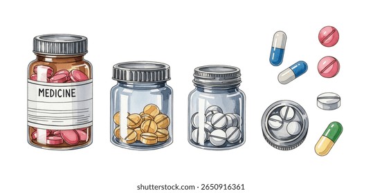 Uma coleção vibrante de garrafas de medicamentos, comprimidos e embalagens blister em várias formas e cores. Ideal para conceitos de saúde, farmácia e farmacêutica, apresentando diversas opções de medicamentos.