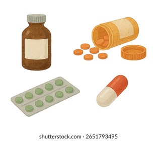 Uma coleção vibrante de garrafas de medicamentos, comprimidos e embalagens blister em várias formas e cores. Ideal para conceitos de saúde, farmácia e farmacêutica, apresentando diversas opções de medicamentos.