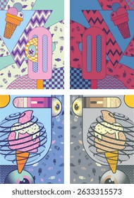 A vibrant collection of Memphis-style ice cream and popsicle illustrations featuring geometric shapes. Perfect for summer designs, kids' projects, party posters, and retro branding.
