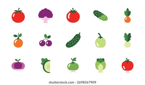 Uma coleção vibrante de ícones de design plano minimalista que exibem uma variedade de frutas e legumes frescos em uma grade.