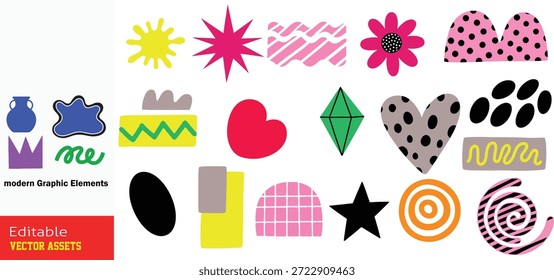 Coleção vibrante de elementos modernos de design gráfico abstrato com formas geométricas negrito, padrões e conjunto de vetor de ilustrações whimsical

Esta coleção profissional apresenta uma variedade abrangente e vibrante de elementos de design gráfico moderno, meticulosamente curado para projetos criativos contemporâneos. Isolado em um fundo transparente, o conjunto inclui uma gama diversificada de visuais de alto impacto: de negrito manchas de tinta amarela e estouros cor-de-rosa a padrões intrincados como flores com bolinhas, arcos listrados e retângulos em ziguezague. A precisão geométrica encontra a arte caprichosa com elementos como um vaso de ânfora azul, uma coroa roxa, um diamante verde e um grande coração cinza pontilhado. A coleção é ainda enriquecida com padrões de grade estruturados, anéis concêntricos semelhantes a alvos e linhas cursivas fluidas. Projetados com uma estética plana e arrojada, esses ativos vetoriais editáveis de alta qualidade são perfeitos para conteúdo de mídia social, identidade de marca, colagens digitais e ilustrações na Web divertidas, fornecendo aos designers uma paleta flexível e dinâmica para aprimorar qualquer composição.

Os principais recursos incluem
Mistura Eclética de Formas e Padrões Combina bolhas orgânicas, diamantes geométricos afiados e texturas ricas como bolinhas, listras e ziguezague.

Paleta vibrante e contemporânea Utiliza um esquema de cores arrojado de fúcsia, amarelo, ciano e vermelho para criar designs atraentes.

Aplicativo versátil Ideal para a estética moderna "Maximalista" ou "Anti-Design", criação de pôsteres e elementos modernos de UI e UX.

Qualidade profissional do vetor Arquivo EPS totalmente escalável e editável, permitindo a personalização perfeita de cores e tamanhos para impressão ou uso digital.