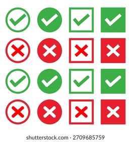Uma coleção vibrante de ícones modernos de marca de verificação plana e sinal cruzado, perfeito para interface de usuário, web ou design de aplicativo. Esses símbolos representam os estados de aprovação, negação, sucesso e erro.