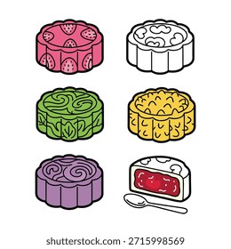A vibrant collection of mooncakes, each with unique patterns and colors, including a cross-section revealing a red filling, perfect for Mid-Autumn Festival themes.