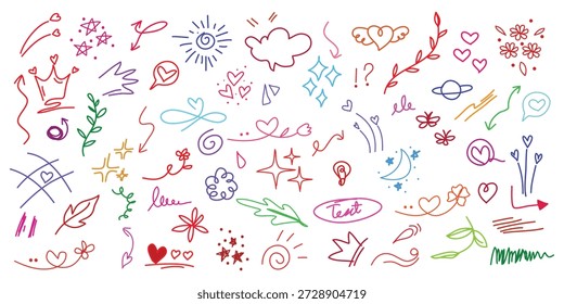 Colección vibrante de Elementos de doodle dibujados a mano abstractos multicolores como flechas, corazones, estrellas, remolinos y Formas florales adecuadas para el diario y los momentos destacados del Diseño gráfico.