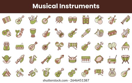 A vibrant collection of musical instruments, including guitars, drums, and wind instruments, depicted in various playful designs, showcasing creativity and joy.