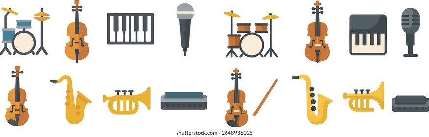 Una vibrante colección de instrumentos musicales que incluyen tambores, violines, trompetas, saxofones y teclados ordenados cuidadosamente. Perfecto para entusiastas de la música y propósitos educativos.