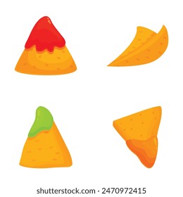 Vibrant collection of nacho chips with red and green sauces, isolated on white