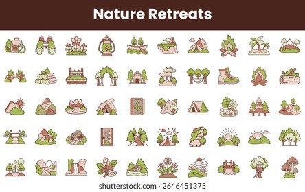 A vibrant collection of nature-themed icons featuring camping gear, trees, mountains, and outdoor activities, perfect for exploring nature retreats and adventures.