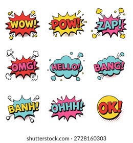 A vibrant collection of nine comic book style speech bubbles, each featuring a different onomatopoeic word or exclamation in bold lettering.