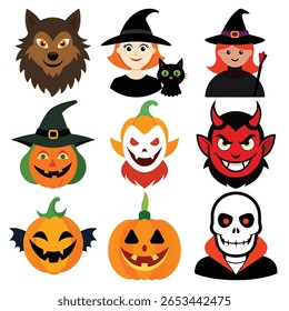 Uma coleção vibrante de nove personagens distintos de desenhos animados de Halloween, incluindo um lobisomem, bruxas, um vampiro, um demônio e vários jack-o'-lanternas, todos apresentados contra um fundo branco limpo.