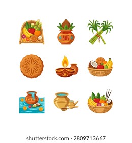 A vibrant collection of nine distinct icons representing various aspects of Indian culture, festivals, and religious practices.