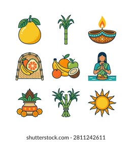 A vibrant collection of nine icons representing elements of Indian festivals, including fruits, sugarcane, a diya, and a woman in prayer.