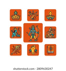 A vibrant collection of nine square icons featuring Hindu religious figures and symbols on an orange background.