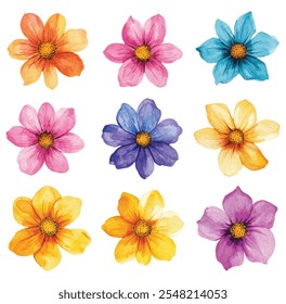 A vibrant collection of nine watercolor-painted flowers in various colors, isolated on a white background, perfect for creative designs.
