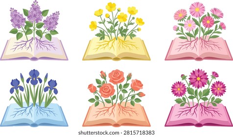 A vibrant collection of open books with various colorful flowers growing from their pages symbolizing knowledge and natural beauty