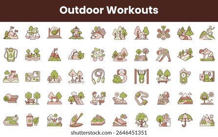 A vibrant collection of outdoor workout icons, depicting various physical activities in nature, encouraging an active lifestyle amidst trees and scenic landscapes.