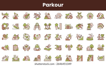 A vibrant collection of parkour-themed icons featuring agility, nature, and fitness, showcasing diverse movements and activities in energetic colors.