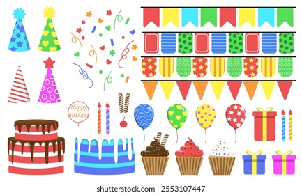 A vibrant collection of party decoration elements, including party hats, balloons, banners, confetti, candles, cakes, and  cupcakes. Perfect for birthday celebrations, festive events, or party.