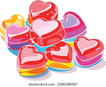 A vibrant collection of pastel-colored candy hearts with romantic messages, perfect for Valentine's Day. Sweet, glossy, and beautifully arranged, ideal for backgrounds, packaging, or digital designs.