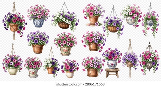 A vibrant collection of petunia flowers in various hanging baskets and potted containers, showcasing a beautiful array of colors and styles.
