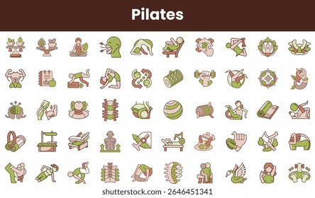A vibrant collection of Pilates exercise icons featuring diverse body positions, equipment, and movements, showcasing a holistic approach to fitness and wellness.