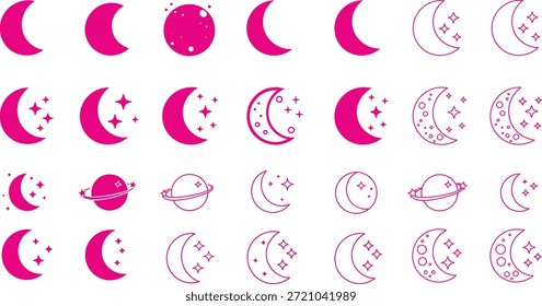 A vibrant collection of pink and outlined celestial icons, featuring various crescent moons, full moons, and planets with rings and stars, set against a white background.