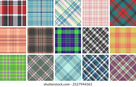 A vibrant collection of plaid patterns featuring square checks and repetition, ideal for textile, fabric, and stylish menu backgrounds.