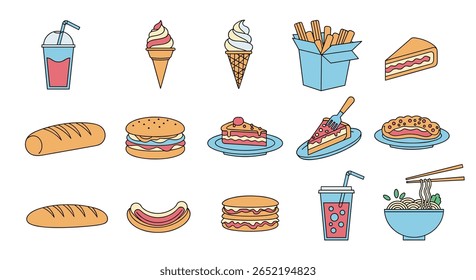 Coleção vibrante de populares Fast food e sobremesa ilustrações para projetos culinários