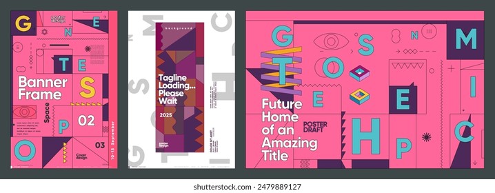 A vibrant collection of posters showcasing a fusion of geometric shapes and bold colors, with playful typography and modern Bauhaus influences.