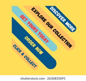 A vibrant collection of promotional call-to-action banners in blue, orange, and teal on a yellow background, ideal for e-commerce, advertising, and marketing campaigns.