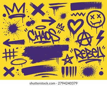 A vibrant collection of purple graffiti elements, including symbols like crowns, hearts, anarchy signs, and words like 'Chaos' and 'Rebel', set against a bright yellow backdrop
